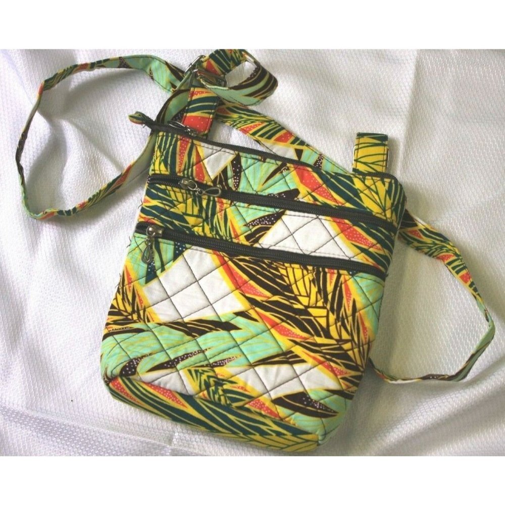THREADS & LIGHT Yellow Green Brown Crossbody Zip Pockets Small Bag 9" X 8" Purse